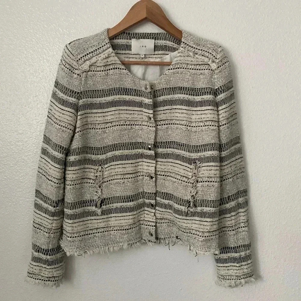 Iro XS Lizzie Tweed Boucle Distressed Black and Cream Zip Up Blazer Jacket - Picture 3 of 10
